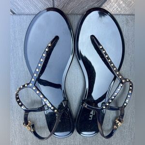 Dark navy gold studded T-strap sandal